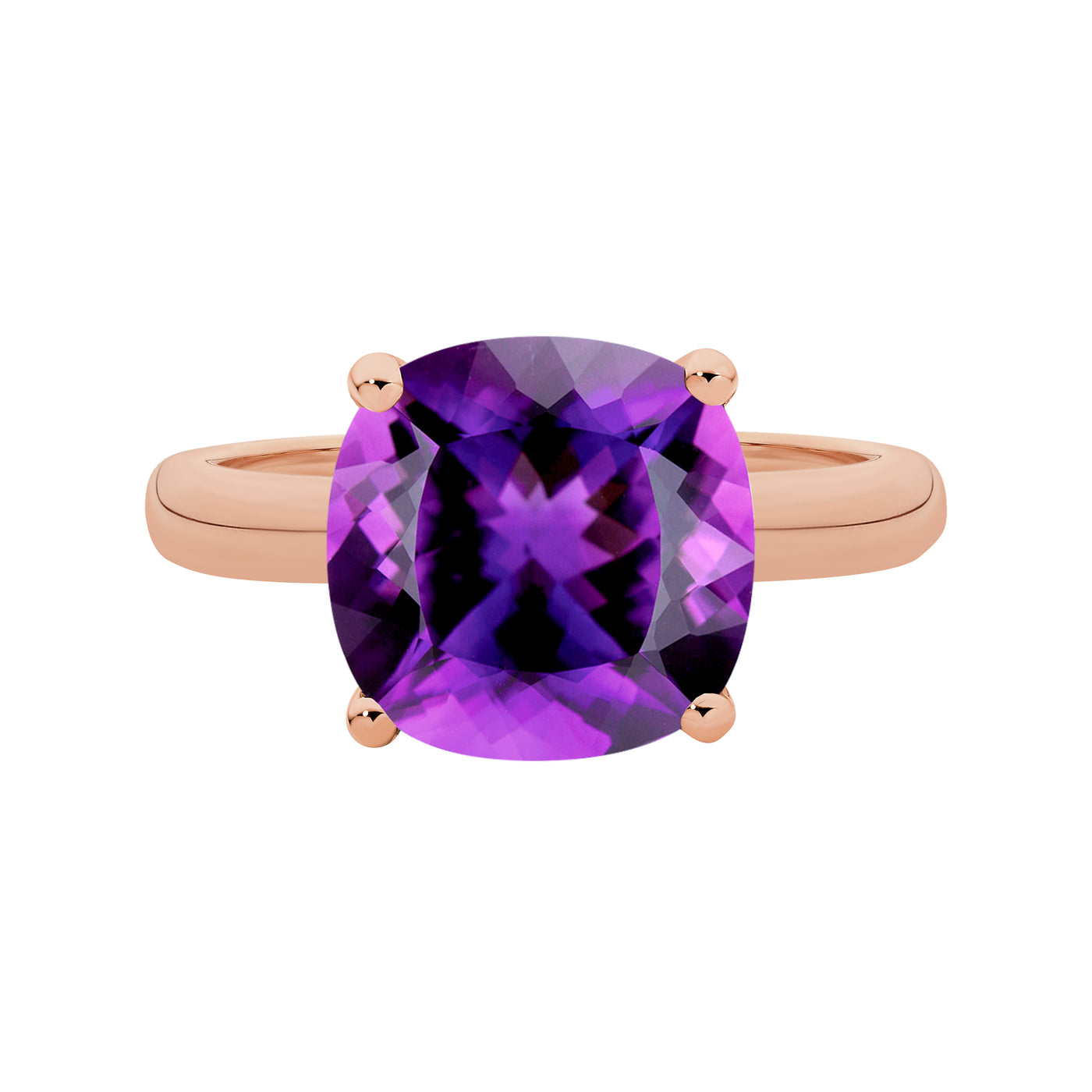 9ct rose gold ring featuring a 10mm cushion cut Amethyst.