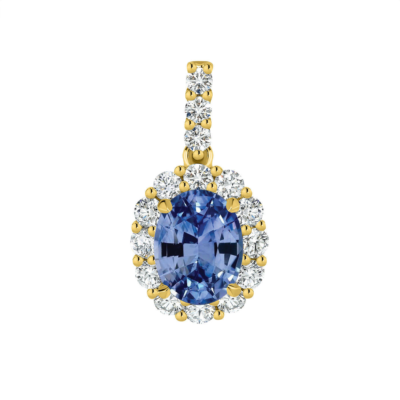 18ct yellow gold pendant featuring a 7x5mm oval cut Ceylon Sapphire with a halo of Diamonds.